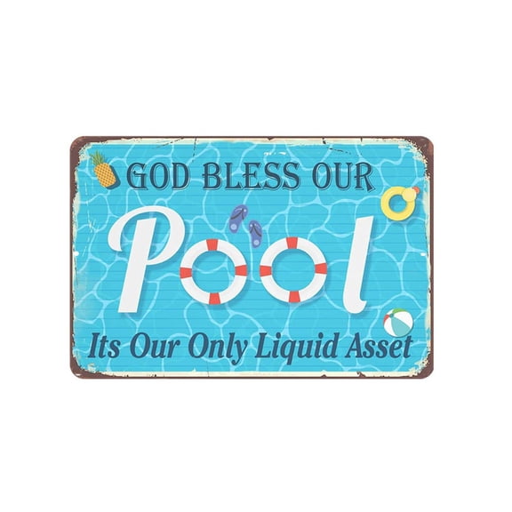 Metal Pool Sign Wall Decor Rectangular Tin Plaque with Pool Theme Letter Print for Swimming Area Patio Bathroom Home Bar