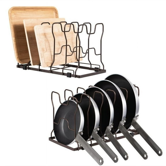 Metal Pot, Pan Organizer Rack for Kitchen Cabinet, Pantry, Shelves, 5 Storage Slots for Vertical or Horizontal Placement of Skillets, Frying Pans, Lids