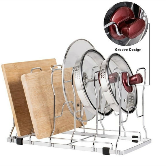 Metal Pot, Pan Organizer Rack for Kitchen Cabinet, Pantry, Shelves, 5 Storage Slots for Vertical or Horizontal Placement of Skillets, Frying Pans, Lids