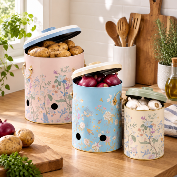 Metal Potato And Onion Storbin Set Of 3 With Garlic Keeper - Vintkitchen Canisters Vegetable Containers Farmhouse Rustic Pantry O