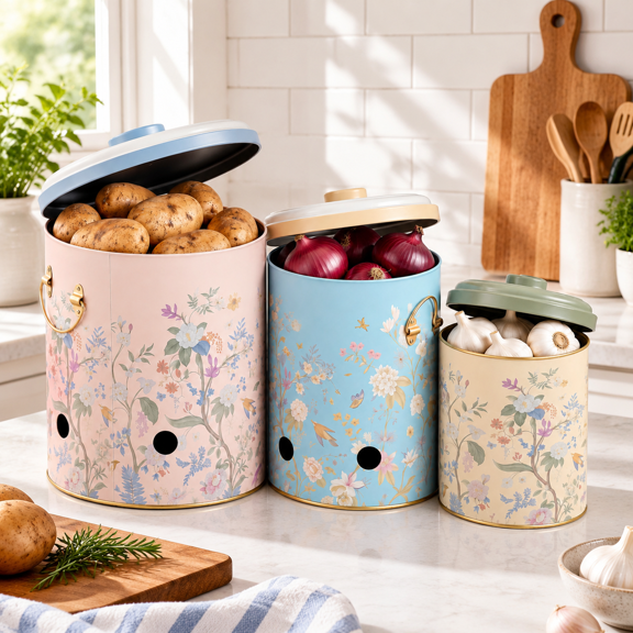 Metal Potato And Onion Storbin Set Of 3 With Garlic Keeper - Vintkitchen Canisters Vegetable Containers Farmhouse Rustic Pantry O