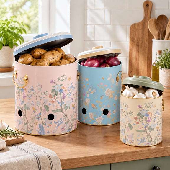 Metal Potato And Onion Storbin Set Of 3 With Garlic Keeper - Vintkitchen Canisters Vegetable Containers Farmhouse Rustic Pantry O