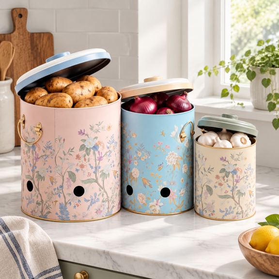 Metal Potato And Onion Storbin Set Of 3 With Garlic Keeper - Vintkitchen Canisters Vegetable Containers Farmhouse Rustic Pantry O