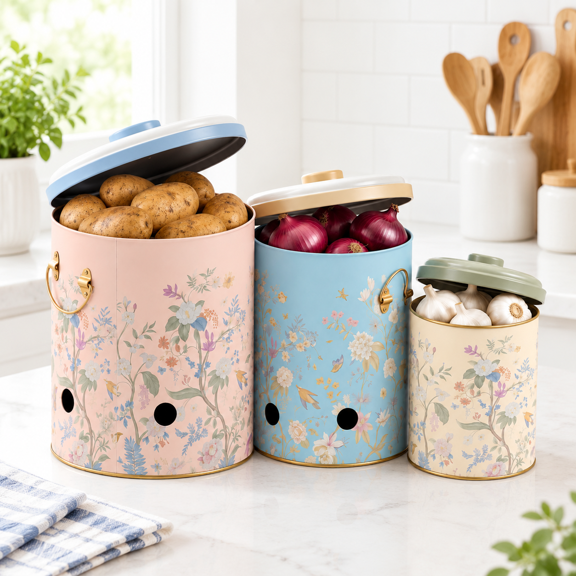 Metal Potato And Onion Storbin Set Of 3 With Garlic Keeper - Vintkitchen Canisters Vegetable Containers Farmhouse Rustic Pantry O