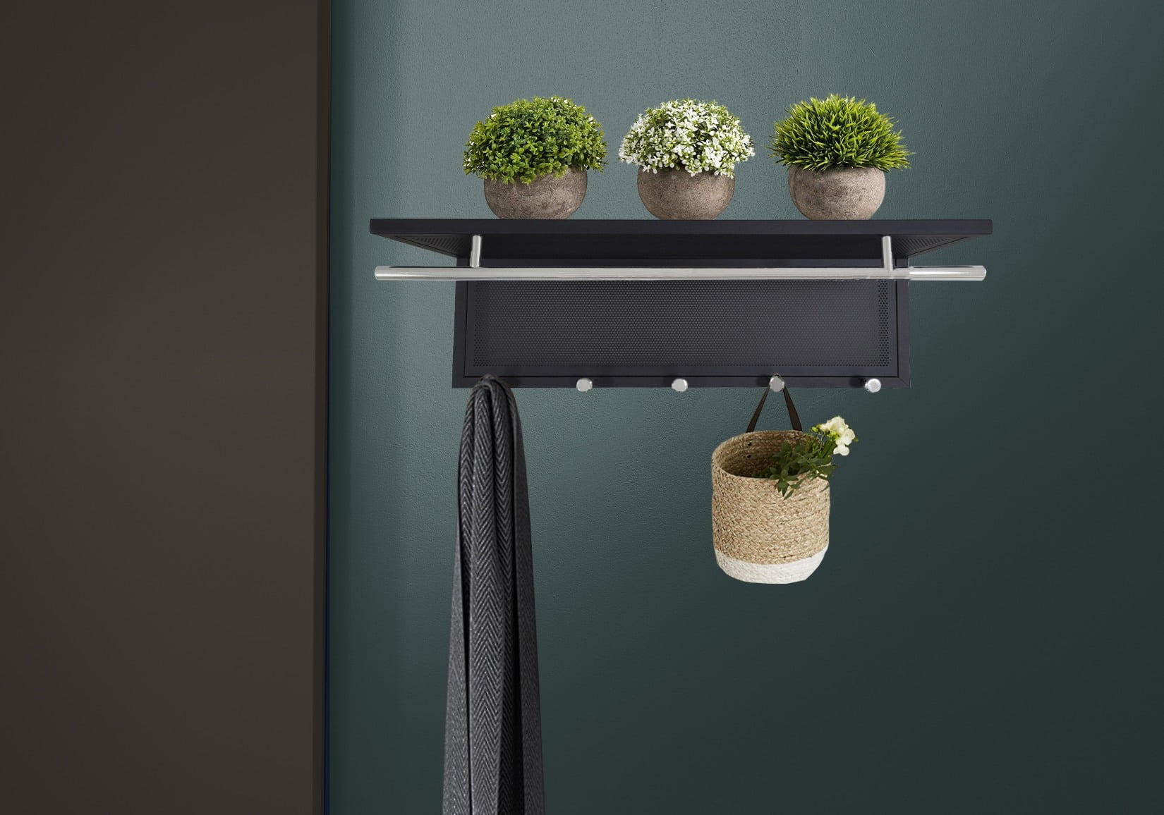 Black Metal Wall Mounted Shelf with Chrome Hooks