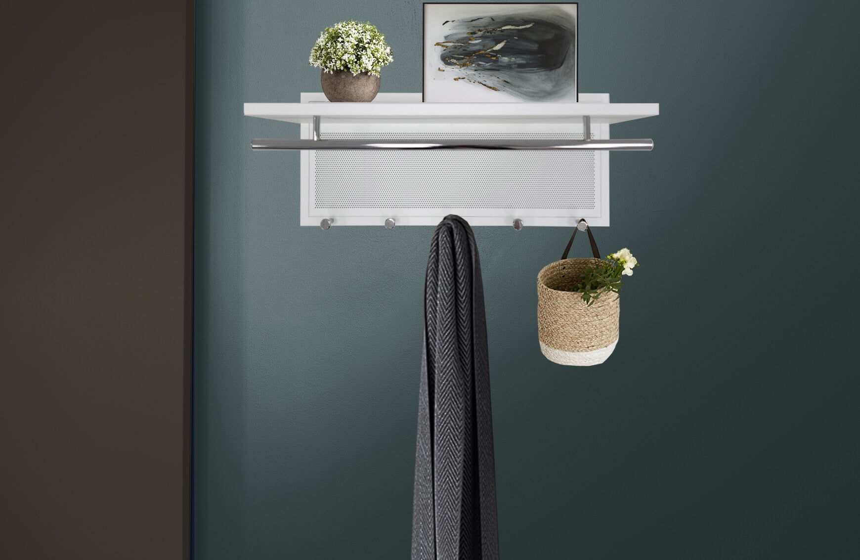 White Metal Wall Mounted Shelf with 5 Hooks