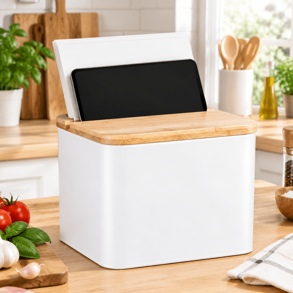 Metal Premium Recipe Box with Bamboo Grooved Lid, 4x6 Recipe Card Storage Organizer with Blank Recipe Cards & Dividers, Kitchen Countertop Recipe Holder Set, White
