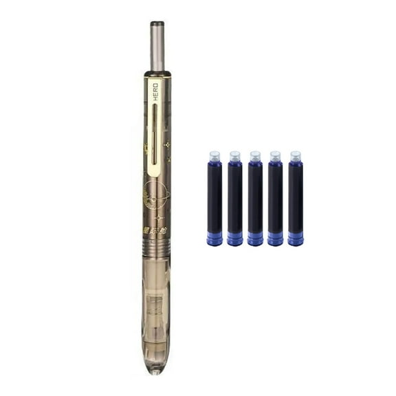 Metal Press Fountain Pen with 5 Inks Cartridges Retractable Metal Inks Pen 0.38mm Retractable Fountain Pen for Writing