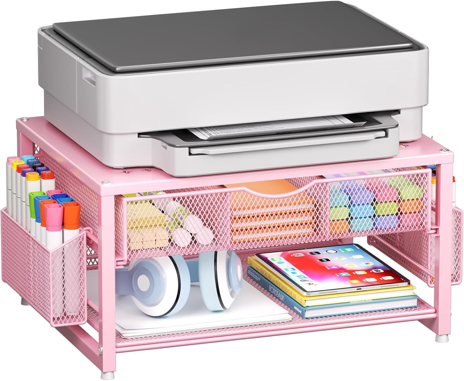 Metal Printer Stand for Desk with Storage Drawer and 2 Pen Holders, 2-Tier Desktop Organizer Printer Table for Home Office, Multi-Purpose Desk Organizer for Fax Machine Scanner Files(Pink)