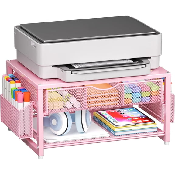 Metal Printer Stand for Desk with Storage Drawer and 2 Pen Holders, 2-Tier Desktop Organizer Printer Table for Home Office, Multi-Purpose Desk Organizer for Fax Machine Scanner Files(Pink)