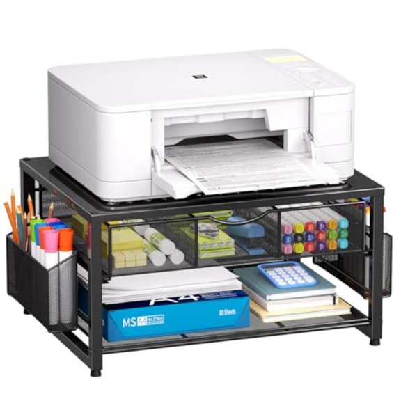 Metal Printer Stand for Desk with Storage Drawer and 2 Pen Holders 2-Tier Desktop Organizer Printer Table for Home Office Multi-Purpose Desk Organizer for Fax Machine Scanner Files Black