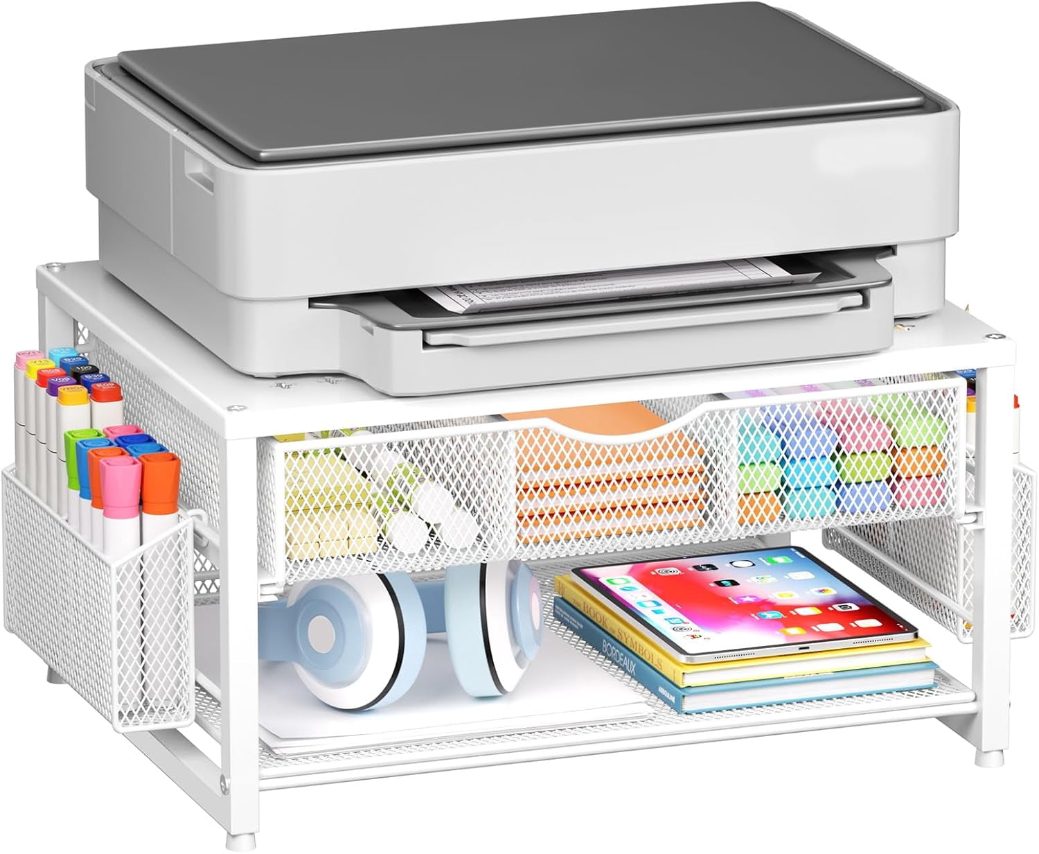 Metal Printer Stand for Desk with Storage Drawer and 2 Pen Holders, 2-Tier Desktop Organizer Printer Table for Home Office, Multi-Purpose Desk Organizer for Fax Machine Scanner Files(White)