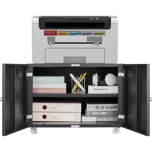 Metal Printer Stand with File Storage Cabinet, Printer Cabinet File Cabinet On Wheels with Door and Adjustable Shelf, Printer Table Stand for Home Office 17.72" H Black