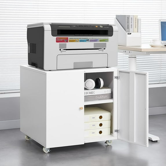 Metal Printer Stand with File Storage Cabinet, Printer Cabinet File Cabinet On Wheels with Door and Adjustable Shelf, Printer Table Stand for Home Office