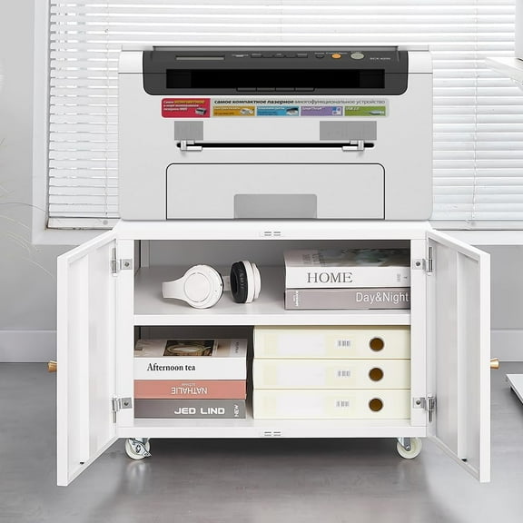 Metal Printer Stand with File Storage Cabinet, Printer Cabinet File Cabinet On Wheels with Door and Adjustable Shelf, Printer Table Stand for Home Office