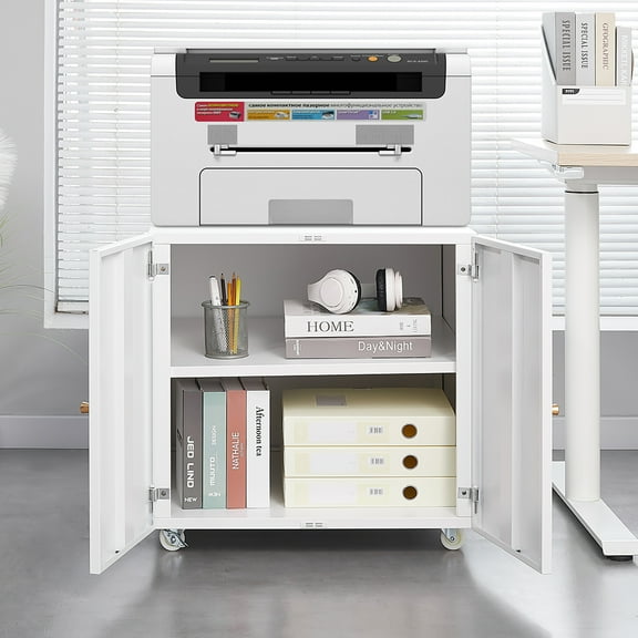 Metal Printer Stand With Storage, Mobile Printer Tables With Doors And Adjustable Shelf, Modern Rolling File Cabinet On Wheels For Home Office