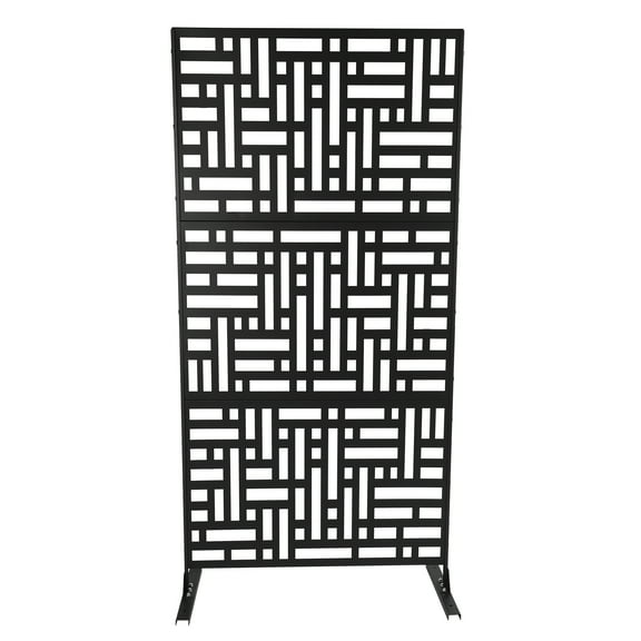 Metal Privacy Screen 6.2FT Tall, Outdoor Garden Privacy Screen with Stand Freestanding Privacy Screen ,Modern Patio Privacy Partition for Balcony, Porch Decor (Black/Stripes Panel)
