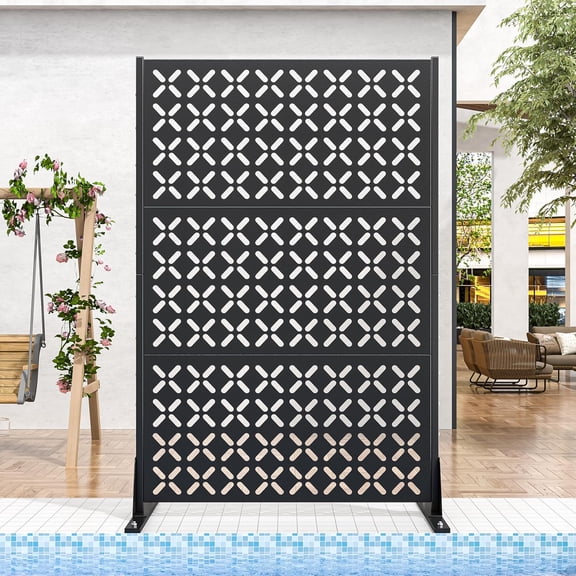 Metal Privacy Screen Outdoor 72" H×46" W, Freestanding Decorative Privacy Screens for Balcony Yard&Garden, Steel Air Conditioner Fence, Metal Room Divider with Stand, Modern Pattern Black-X