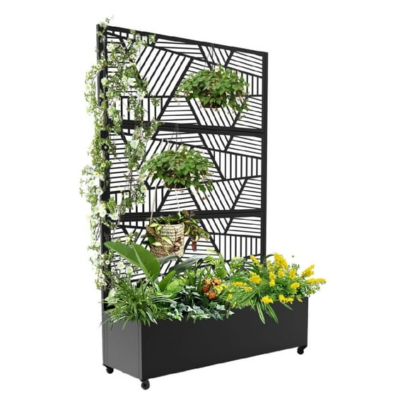 Metal Privacy Screen with Planter Box – 3-Panel Outdoor Privacy Fence & Garden Trellis for Climbing Plants, Vegetables, Flowers – Rust-Resistant Steel Decorative Panel for Patio, Backyard, Balcony