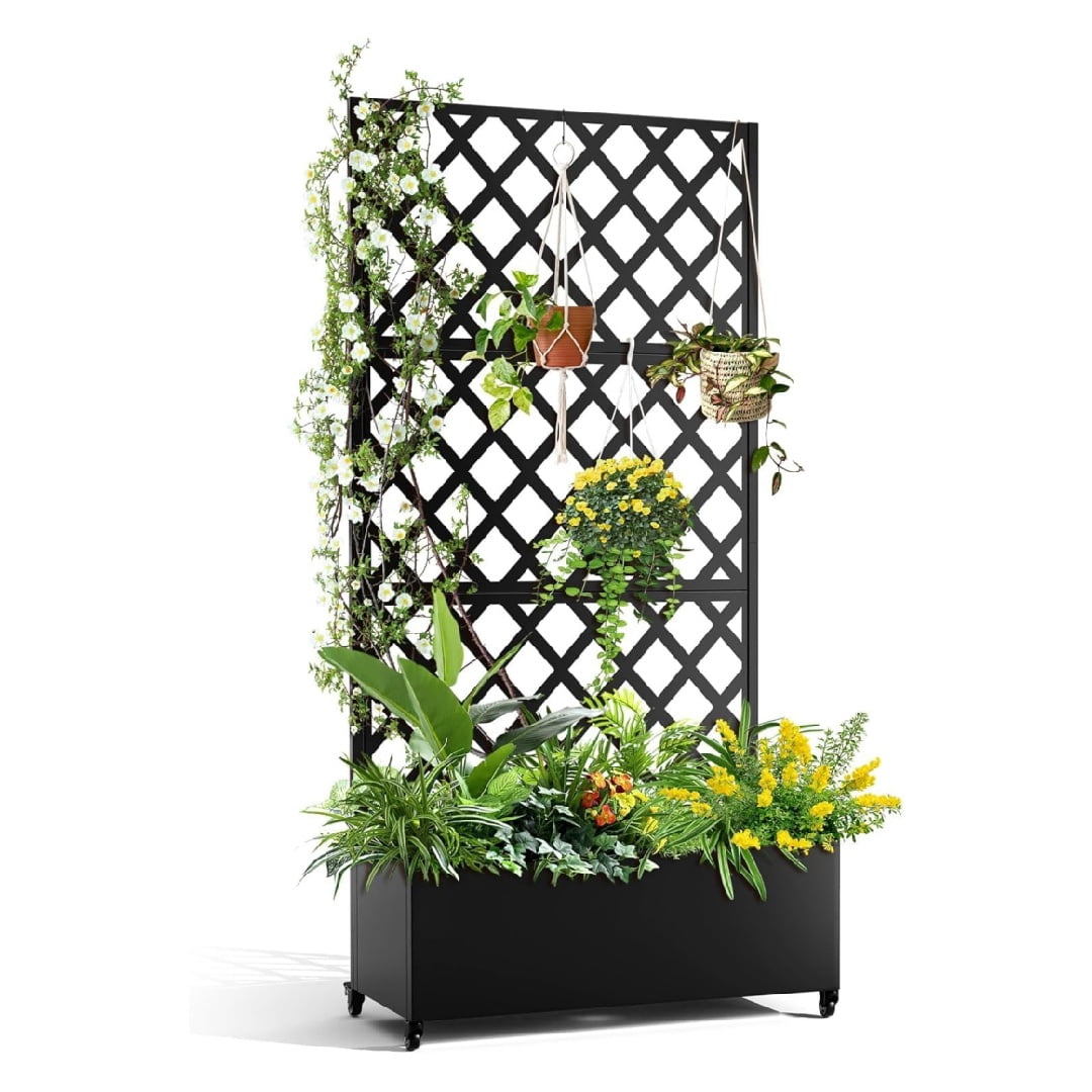 Metal Privacy Screen with Planter Box – 3-Panel Outdoor Privacy Fence ...