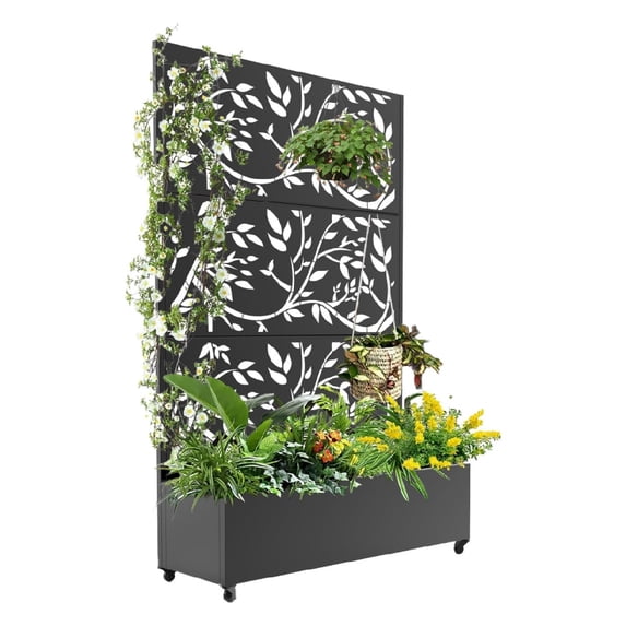 Metal Privacy Screen with Planter Box – 3-Panel Outdoor Privacy Fence ...