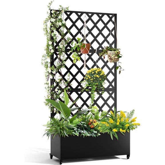 Metal Privacy Screen with Wheels – Galvanized Steel Garden Trellis & Planter Box for Climbing Plants/Vines– Galvanized Raised Garden Bed for Patio, Yard, Balcony