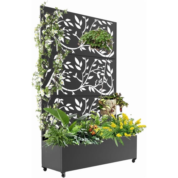 Metal Privacy Screen with Planter Box, 73"x 47"x 16" Garden Decorative Planter Box with Trellis & Wheels for for Climbing Plants, Vegetable, Vines