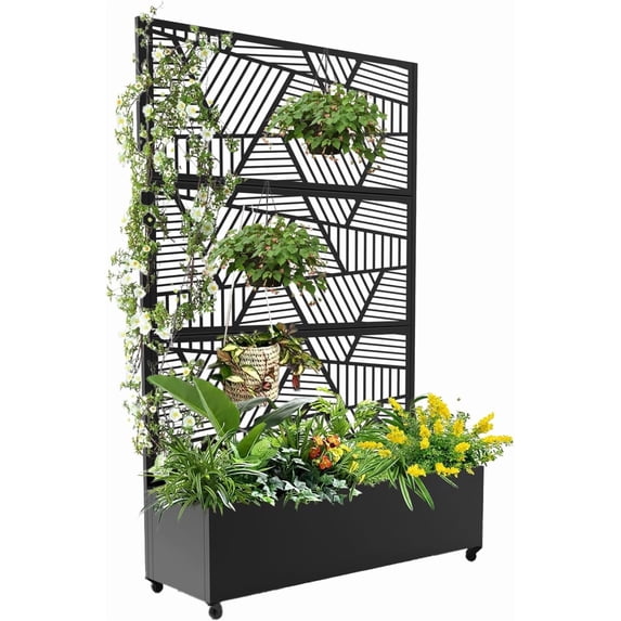 Metal Privacy Screen with Planter Box, 73"x 47"x 16" Garden Decorative Planter Box with Trellis & Wheels for for Climbing Plants, Vegetable, Vines