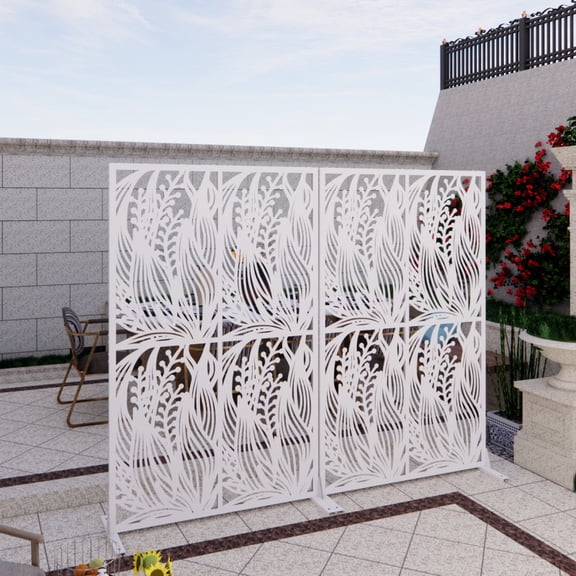 Metal Privacy Screens W3.8Ft X H6Ft Outdoor and Indoor Divider with Free Standing Decorative Privacy Screen for Balcony Patio Garden Room Divider, White Leaf Shape