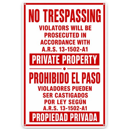 Metal Private Property No Trespassing Sign, 8x12 Inch Rustic Wall Decor, Bilingual English Spanish, Indoor Outdoor Weather Resistant Iron Sign with Pre-Drilled Holes for Easy Hanging