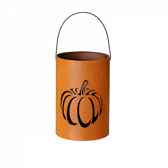 Metal Pumpkin Bucket with Cutout Design Handle and Cylindrical Shape for Candle Display and Holiday Ambiance Decoration