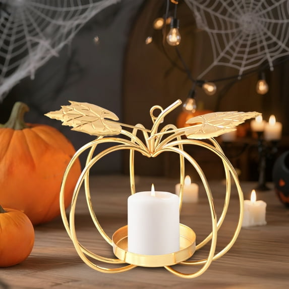Metal Pumpkin Candle Holder Halloween Decor with Glass Cup Iron Craft Holiday Candlelight Display for Tabletop Decoration(B)
