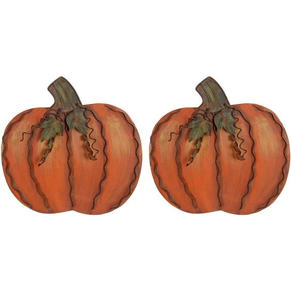 Metal Pumpkin Decoration,Set of 2,Free Standing Metal Flat Pumpkins for Fall Harvest DecorThanksgiving Halloween Outdoor Decoration