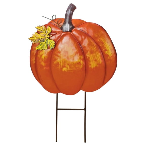 Metal Pumpkin Garden Stake - Fall Yard Decorations Outdoor, Decorative Pumpkin Autumn Harvest Decor for Lawn, Patio, Thanksgiving (18.5" Height)
