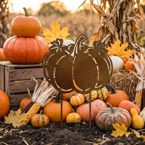 Metal Pumpkin Garden Stakes, 1 Pcs Fall Yard Outdoor Decor Farmhouse Style, Fall Halloween Autumn Harvest Garden, Lawn, Porch, Outdoor Signs, Durable Metal Ground Plug 12''