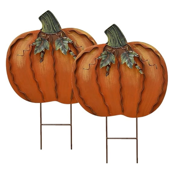 Metal Pumpkin Stakes - Fall Garden Decor - 17.5" Orange Pumpkins x2 - Outdoor Autumn Thanksgiving Decoration - Harvest Lawn Ornaments - Decorative Yard Signs