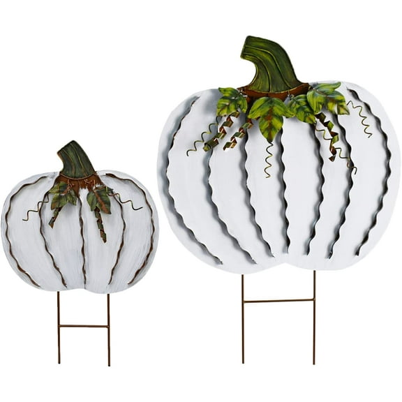Metal Pumpkin Stakes Yard Signs Fall Decor Decorative Garden Stake Lawn Pumpkins Ornaments Outdoor Autumn Decoration for Harvest Halloween Thanksgiving (17.5" H+26" H White)