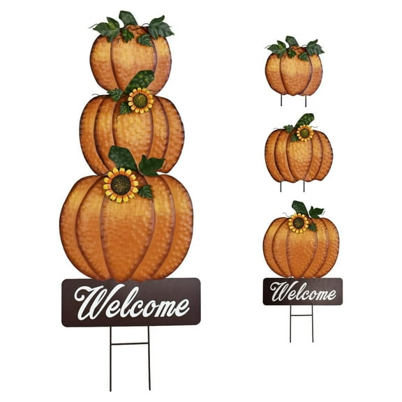 Metal Pumpkin Yard Stake Sign Outdoor Fall Yard Decor Stacked Pumpkin Welcome Sign Decorative Garden Stake for Autumn Harvest Thanksgiving Patio Lawn Decoration (1) Orange