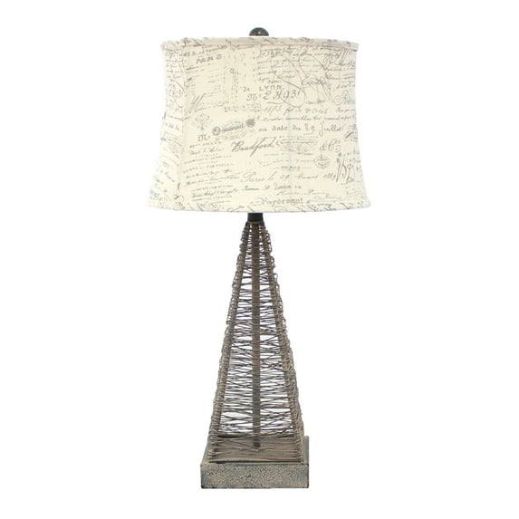 Metal Pyramid Base Table Lamp with Wire Design and Scripted Shade, Gray - Saltoro Sherpi