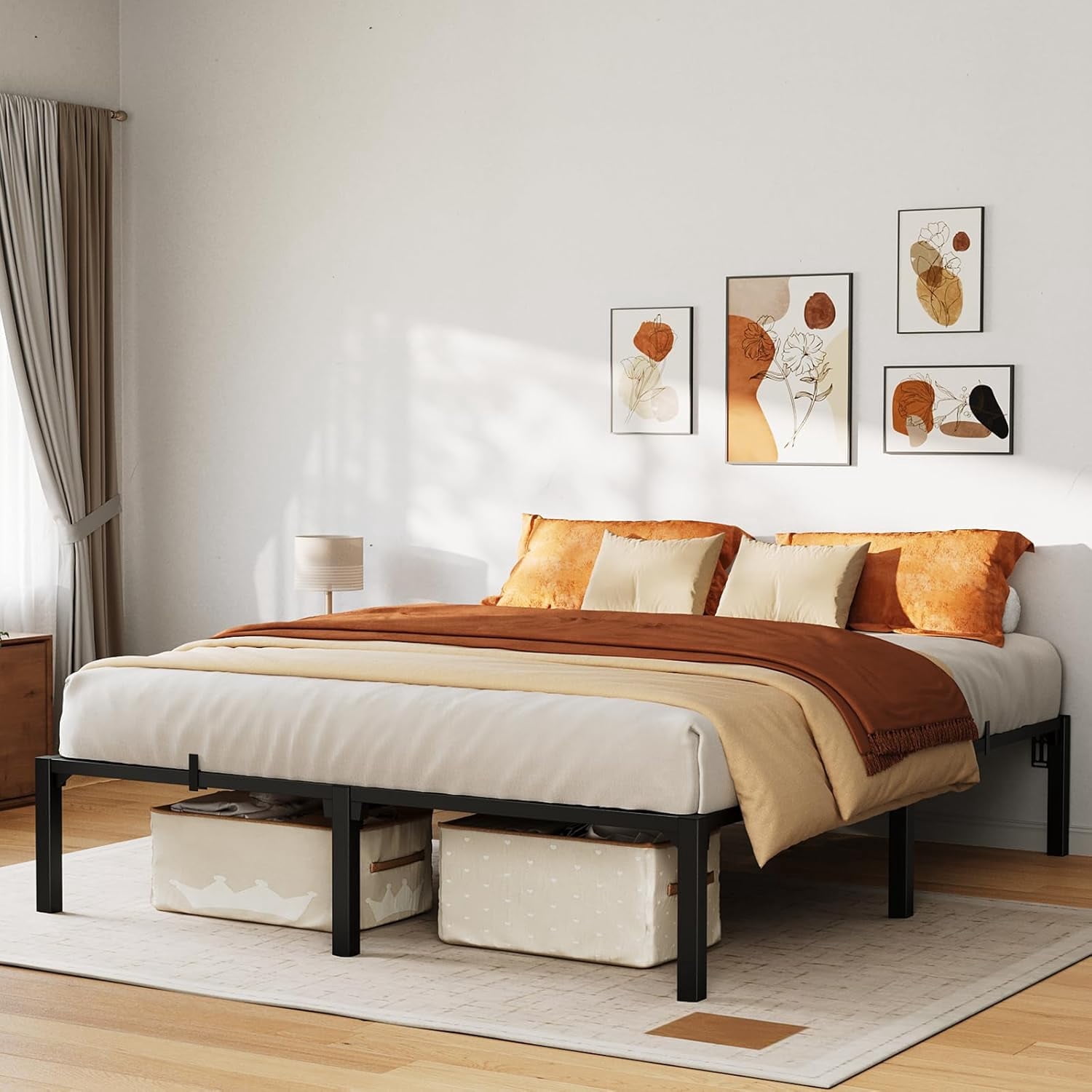 Memoryfield Metal Queen Bed Frame, 14" High Platform Bed Frame, Heavy Duty 800Lbs Capacity, No Box Spring, No Screws Needed with Reinforced Slats, Easy Assembly, Black