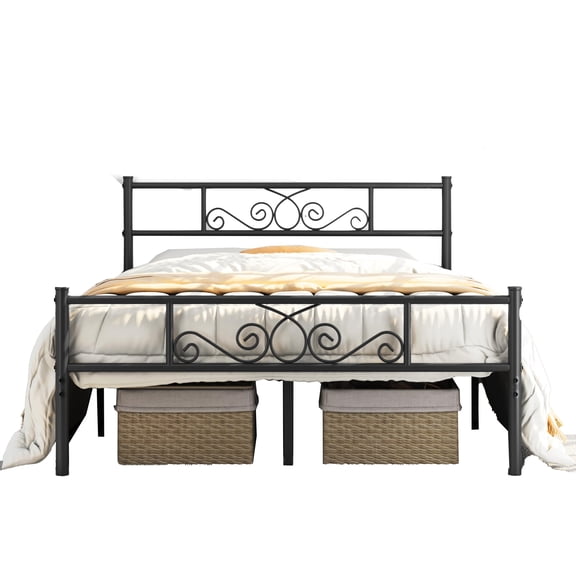 Metal Queen Bed Frame with Decorative Headboard Footboard, Heavy Duty Platform Bed No Box Spring Needed, Easy Assembly for Home Apartment Dormitory, Black
