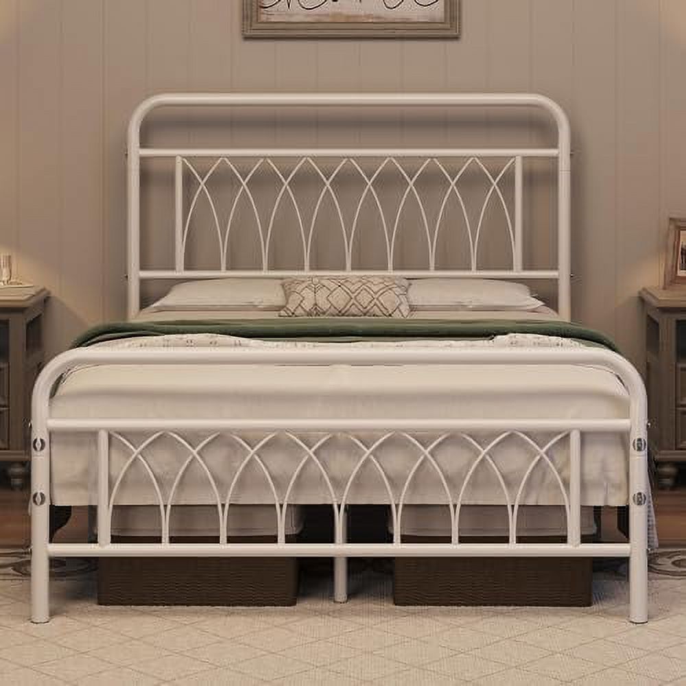 Metal Queen Bed Frame Platform Bed with Petal Accented Headboard and