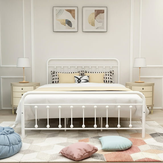 Metal Queen Bed Frame White Color,No Box Spring,Easy Assembly