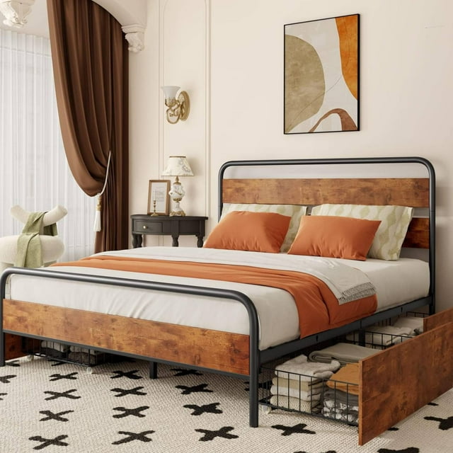 Metal Queen Bed Frame with 4 Storage Drawers for Bedroom, Retro