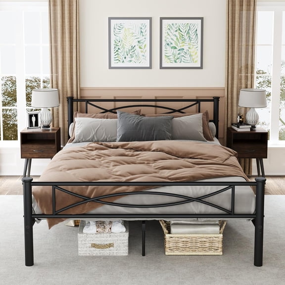 Metal Queen Single Bed Frame with Storage Space, 82.7" in Steel Bed Frame with Protective Foot Pads, Strong Bearing Capacity Queen Size Bed, Easy Assembly, Underbed Storage Space(35.4 inch)