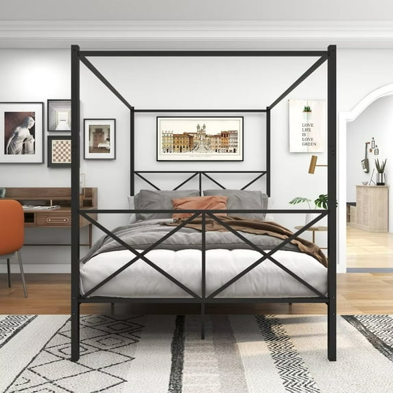 Metal Queen Size Canopy Platform Bed, Steel Canopy Bed Frame with X Shaped Headboard and Under-bed Storage, Sturdy Metal Slats and Center Legs Support, Can be Decorated, No Spring Box Required, Black