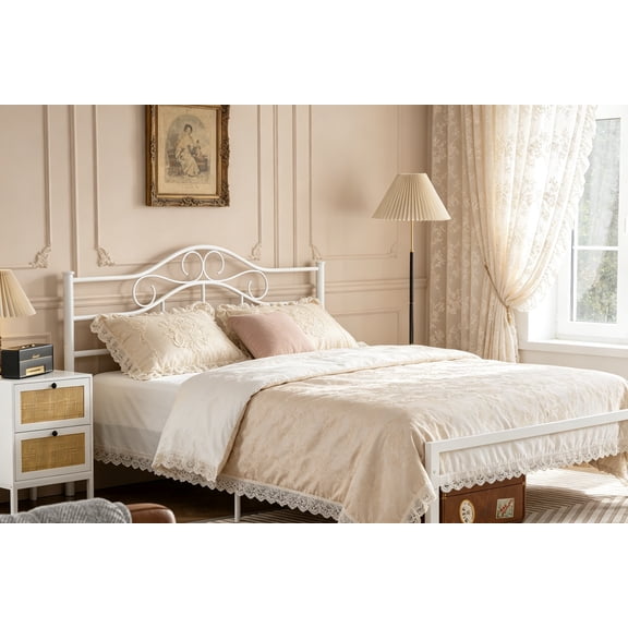 Metal Queen Size Headboard, Adjustable Height, Steel Curved, Farmhouse Scrollwork Design, Attach to Frame, Easy Assembly, White