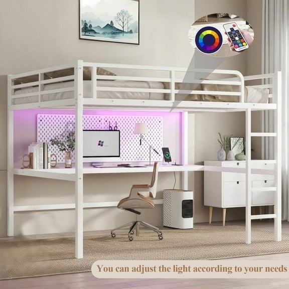 HICOMILA Metal Queen Size Loft Bed with Desk, Power Outlet and LED Lighted, Space-Saving, Noise Reduced, White