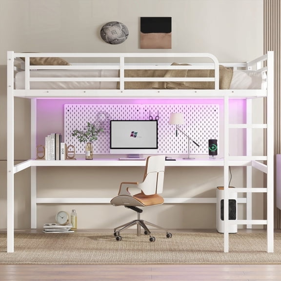 White Metal Loft Bed for Queen Size - Power & Light Features, Space-Saving Design