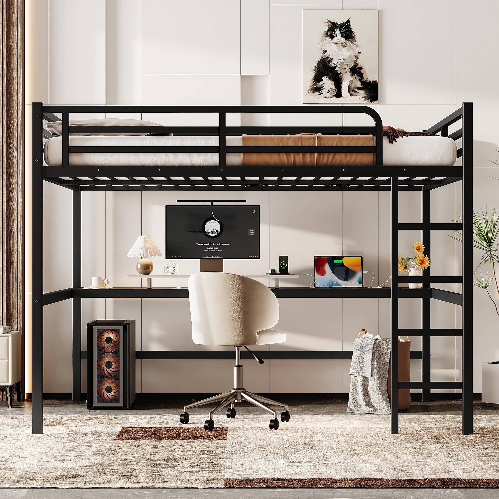 Metal Queen Loft Bed with Power Outlet Black - Walmart.com